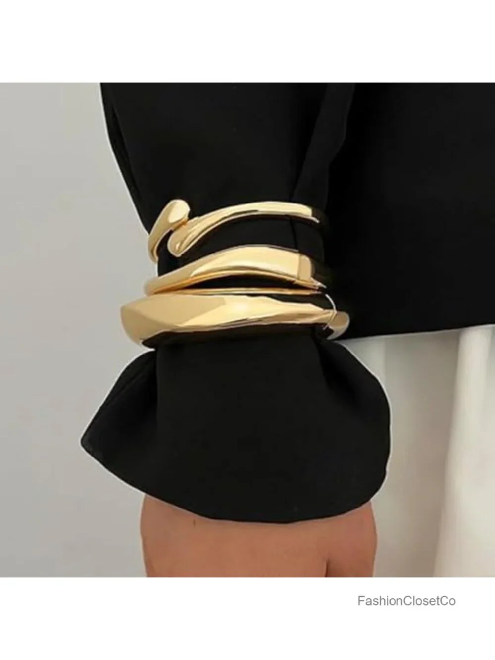 14K Gold Plated Stackable Open Cuff Bangle Bracelet Set, Adjustable Link